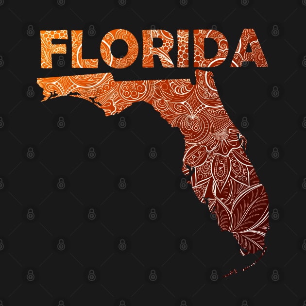 Colorful mandala art map of Florida with text in brown and orange by Happy Citizen