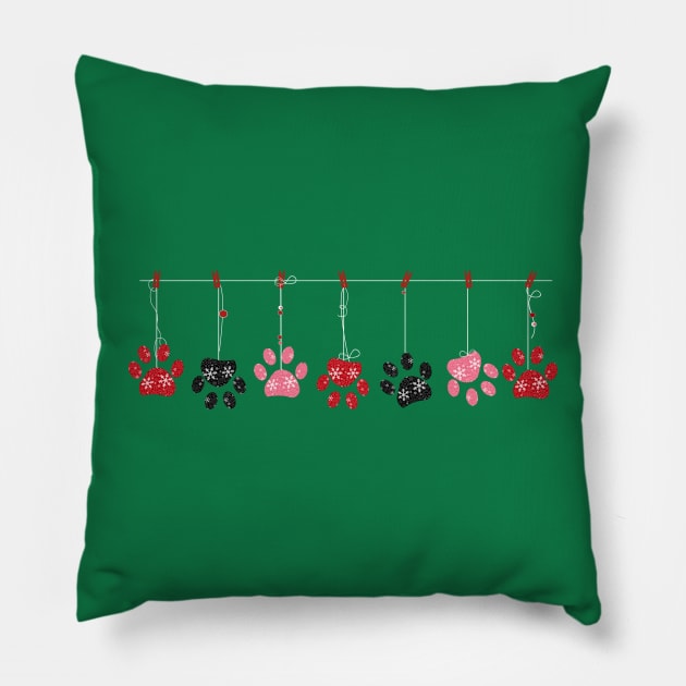 Hanging paw prints with snowflakes white Pillow by GULSENGUNEL