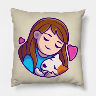 Cute Girl Hug Dog Cartoon Pillow