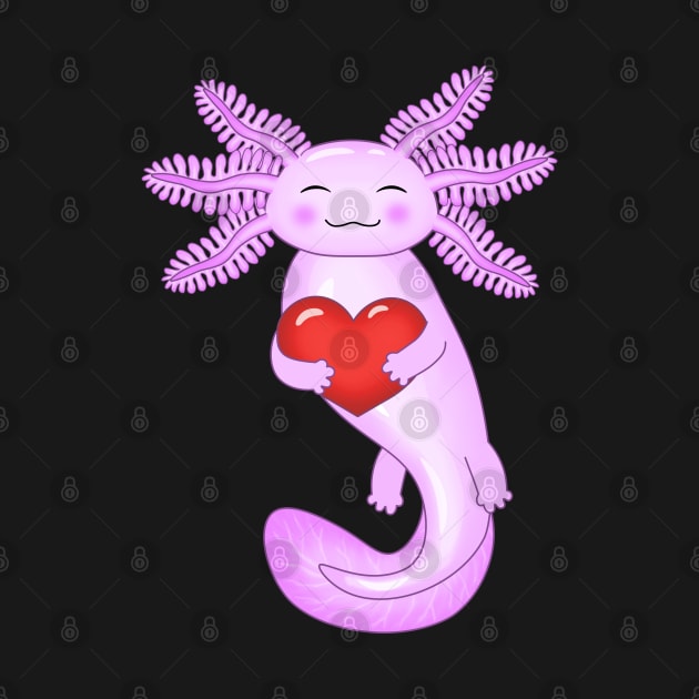 Purple axolotl holding a big red heart by Purrfect