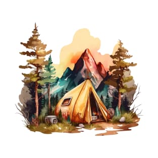 Summer Camping Mountain Watercolor Scene T-Shirt