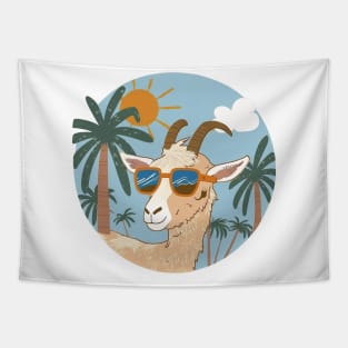 Funny goat wear sunglasses summer sunshine and palm trees Tapestry