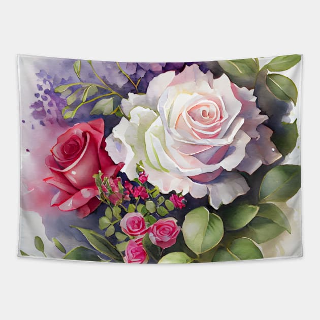 Rose Valentine Flower Bouquet Watercolor Tapestry by designs4days