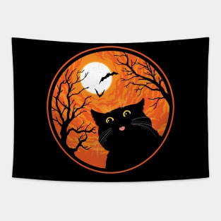 Creepy Cute Halloween Black Cat Going BLEP Tapestry