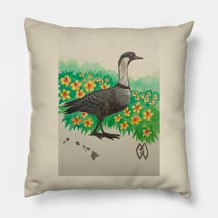 Hawaii state bird and flower, the Nene and yellow hibiscus Pillow