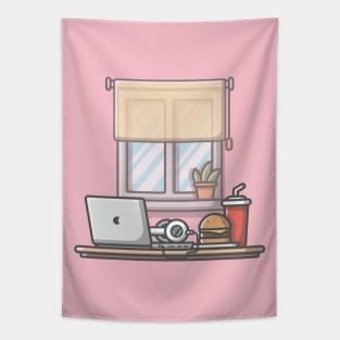 Laptop with breakfast cartoon Tapestry