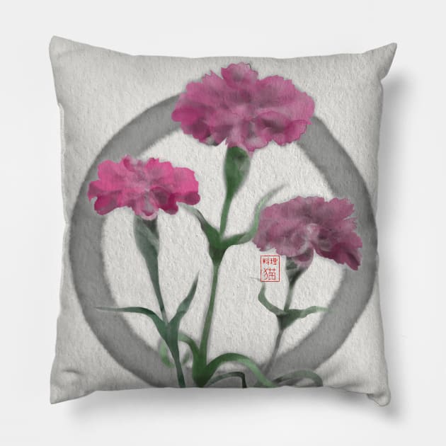 zen circle with sumiE watercolor pink carnations Pillow by cuisinecat