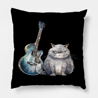 Funny Guitar Grumpy Cat Retro Cute Watercolor Pillow