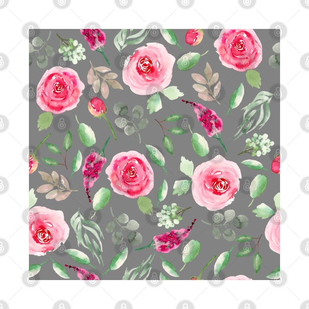 Red Roses on Grey  | Watercolor | Pattern | Grey by Harpleydesign