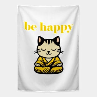 Cute Be Happy Meditating Cartoon Monk Cat Tapestry