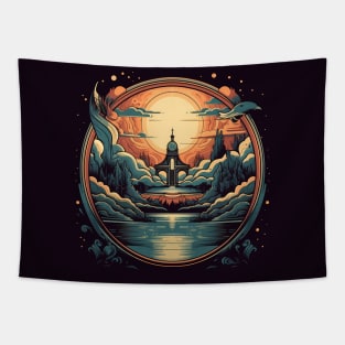 Surreal Dreamscape: Temple by the Lake Tapestry