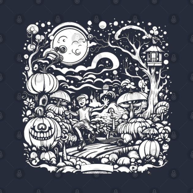White Night of Trippy Dreamscape Pumpkin Forest, Halloween by vystudio