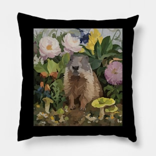watercolor flowers surrounding a wild Groundhog Pillow