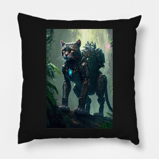 Cyborg cat in the jungle Pillow