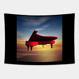 A Red Piano Floating In The Sky At Sunset Tapestry