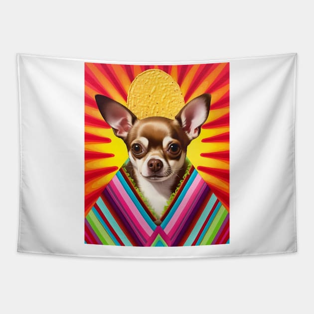 Mexican Food Taco Lover Op Art Chihuahua with Taco Tapestry by Unboxed Mind of J.A.Y LLC 