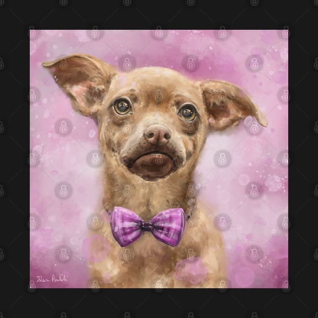 Painting of Cute Brown and Chihuahua With a Bowtie on Pink Background by ibadishi