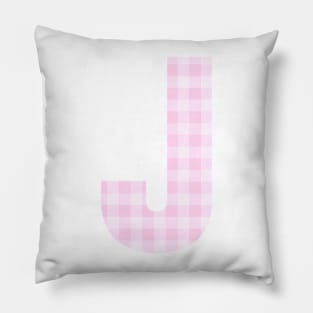 Pink Letter J in Plaid Pattern Background. Pillow