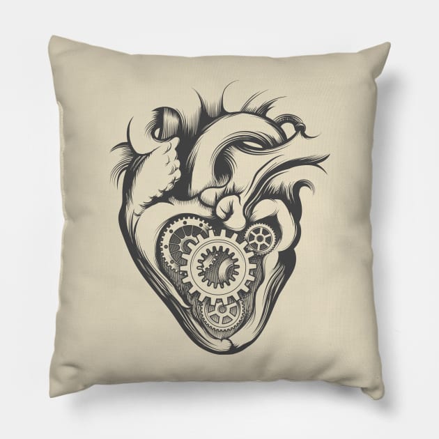 Mechanical Heart Retro Illustration Pillow by devaleta