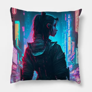 Girl in Neon City Pillow