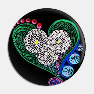 Boho Chic Heart & Flowers Bright & Colorful on Black Pin