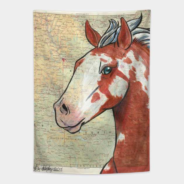 Paint Horse on Vintage Map Tapestry by lizstaley