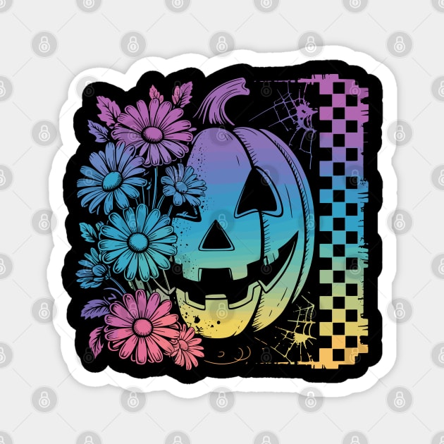 Halloween Pumpkin with Flowers and Checkerboard Magnet by JessArty