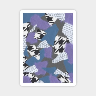 Houndstooth and Hard Edges - Black, White, Purple, Blue - Abstract Mixed Torn Paper Collage Magnet