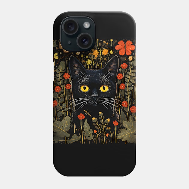 Black Cat Among Flowers and Moths - Mystical Art for Cat Lovers Phone Case by KittyStampedeCo