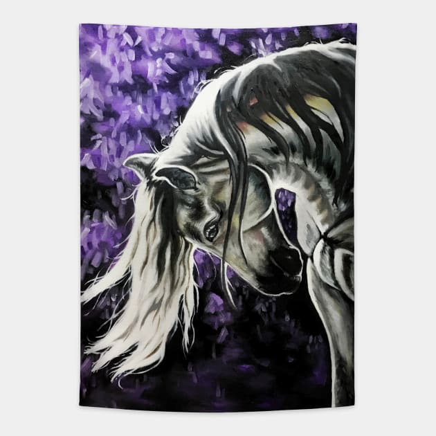 Stallion Among Wisteria Flowers Tapestry by Lady Lilac