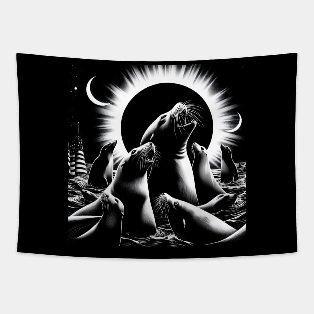 Seal Lover Sea Solar Eclipse Of April 8 2024   Seals Girls Boys Women Tapestry by click2print