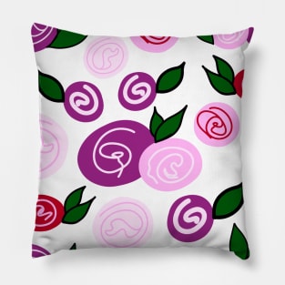 Floral Pink and Red Swirl Rose Berries and Leaves Pattern on White Backdrop, made by EndlessEmporium Pillow