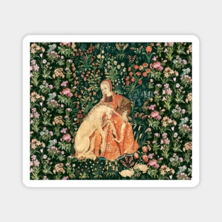 LADY AND UNICORN AMONG FLOWERS ,HARES,Red Green Floral Magnet