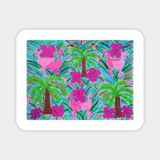 Beach Party Flamingos and Palm Trees Print Magnet