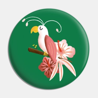 White and Pink Tropical Bird with Hibiscus Flowers Pin