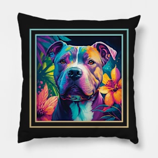 Happy American Staffordshire Pit Bull Dog Vibrant Tropical Flower Digital Oil Painting Portrait Pillow