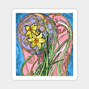 Two Daffodils and Branches Painting in Art Nouveau Style, Pastel Colors Magnet