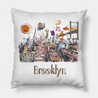 Surreal Pop Art Busy City of Brooklyn Pillow