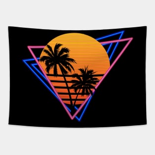 80s Retro Neon Synthwave Inspired Sunset and Palm Trees Tapestry