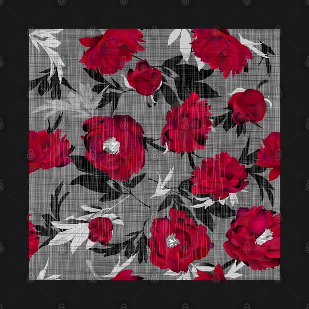 Red peonies on a gray linen structure by kobyakov