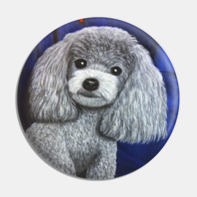 Miniature Toy Poodle Painting on Blue Pin by KarenZukArt