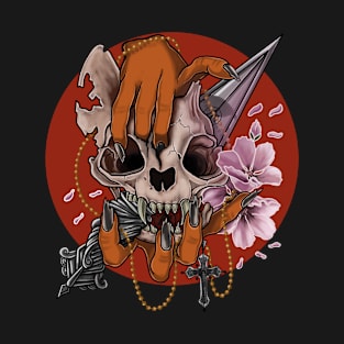 Skull cat red moon T-Shirt