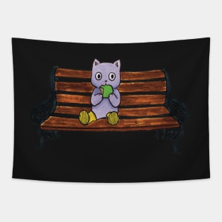 purple cat eating an apple on a bench illustration Tapestry