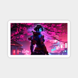 Sakura Female Cyberpunk Samurai Cherry Blossoms Magnet