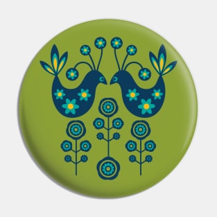 LOVE BIRDS Folk Art Mid-Century Modern Scandi Floral With Birds Flowers Feathers in Dark Blue Turquoise Yellow Green - UnBlink Studio by Jackie Tahara Pin