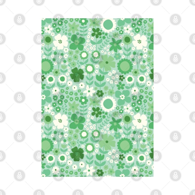 retro florals pattern, 70s groovy green flowers, flower market, scandinavian florals, green hues by blomastudios