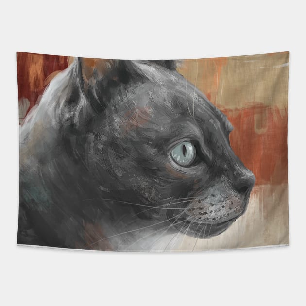 Painting of a Grey Cat with Teal Colored Eyes, in Retro Orange Background. Tapestry by ibadishi