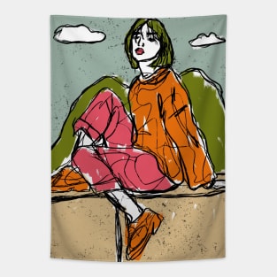 A girl sitting on a balcony Tapestry