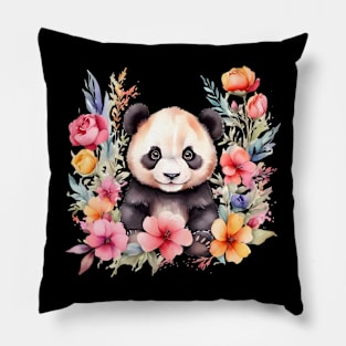 A panda bear decorated with beautiful watercolor flowers Pillow