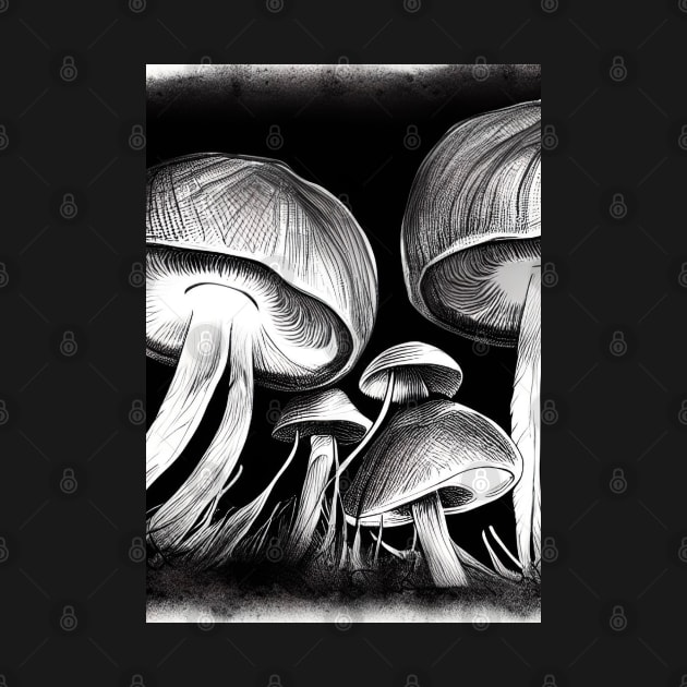 SURREAL INK BLACK AND WHITE BUNCH OF MUSHROOMS by sailorsam1805